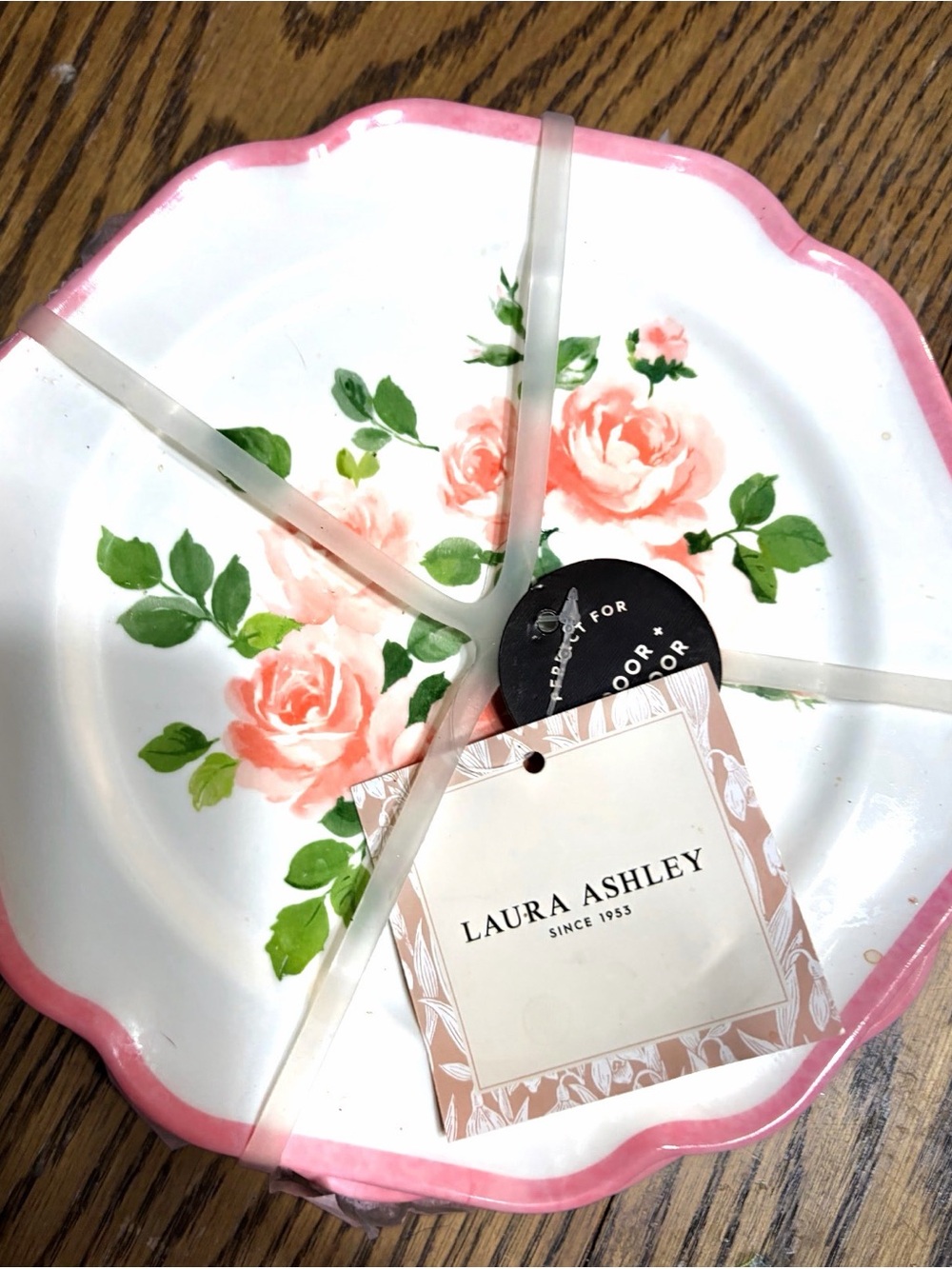 Laura Ashley Pink-Trim Floral Porcelain Plate with Rose Motif